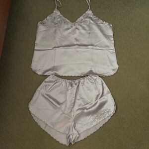 100% SILK. NWOT  2 piece camisole set Lingerie embroidery silver pure silk